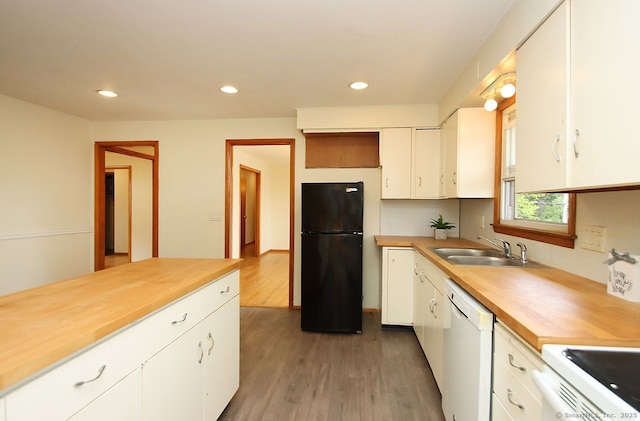 65 Bayberry Dr, Wallingford, CT 06492 - kitchen featuring white appliances, a sink, white cabinetry, butcher block countertops, and dark wood-style flooring