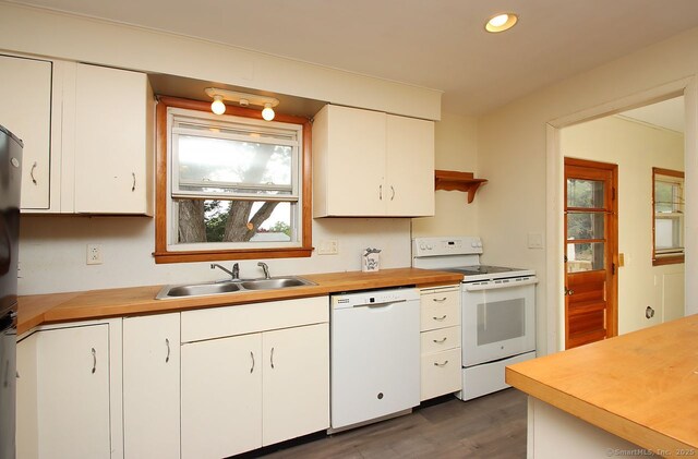 65 Bayberry Dr, Wallingford, CT 06492 - kitchen featuring white appliances, a sink, dark wood finished floors, white cabinets, and butcher block counters