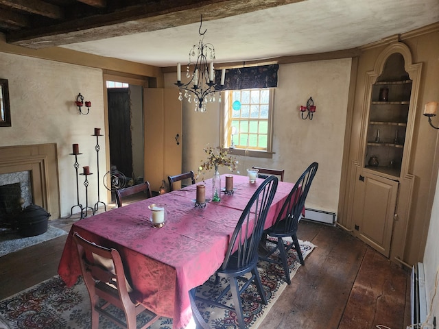 310 S Bigelow Rd, Hampton, CT 06247 - dining area featuring dark wood-style floors, a baseboard heating unit, a chandelier, a high end fireplace, and beamed ceiling