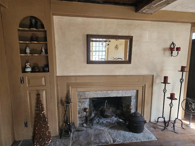 310 S Bigelow Rd, Hampton, CT 06247 - detailed view of built in shelves, wood finished floors, and a fireplace