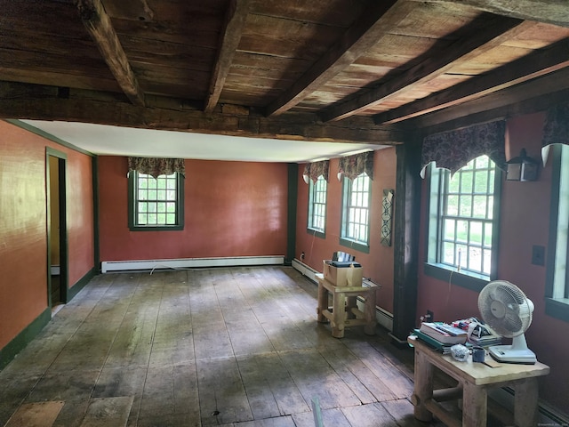 310 S Bigelow Rd, Hampton, CT 06247 - unfurnished room with a baseboard heating unit, a wooden ceiling with exposed beams, and dark wood-style flooring