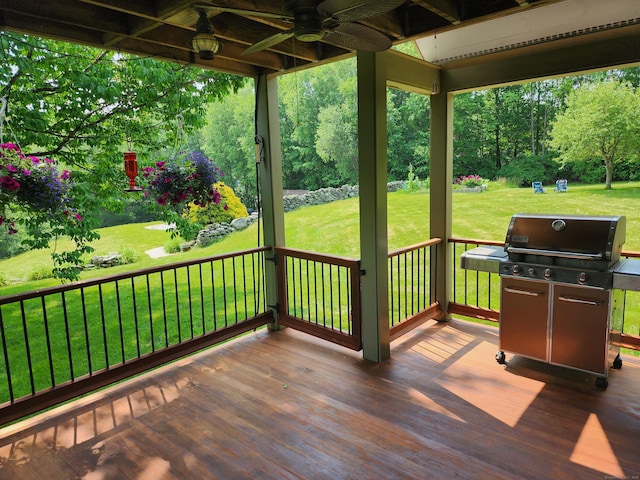 310 S Bigelow Rd, Hampton, CT 06247 - wooden deck featuring grilling area, ceiling fan, and a lawn