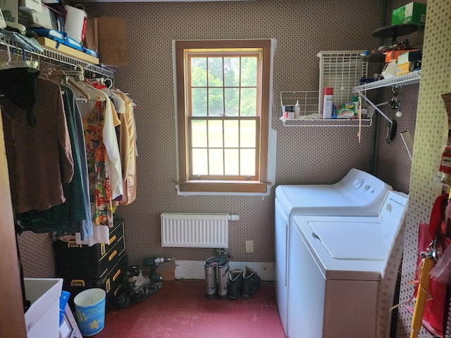 310 S Bigelow Rd, Hampton, CT 06247 - laundry area with washer and dryer, plenty of natural light, radiator heating unit, and wallpapered walls