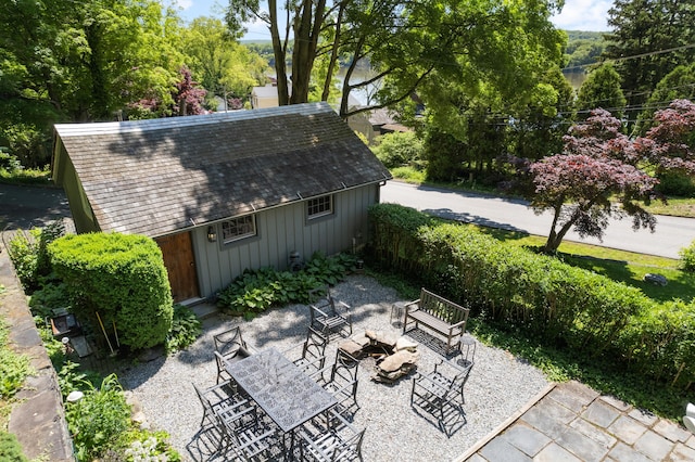 6 Landing Hill Rd, East Haddam, CT 06423 - view of patio with an outbuilding and an outdoor fire pit
