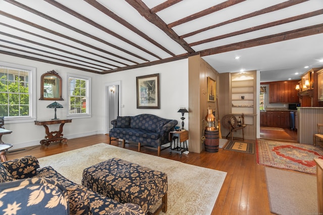 6 Landing Hill Rd, East Haddam, CT 06423 - living room with hardwood / wood-style flooring, beamed ceiling, baseboards, and built in features