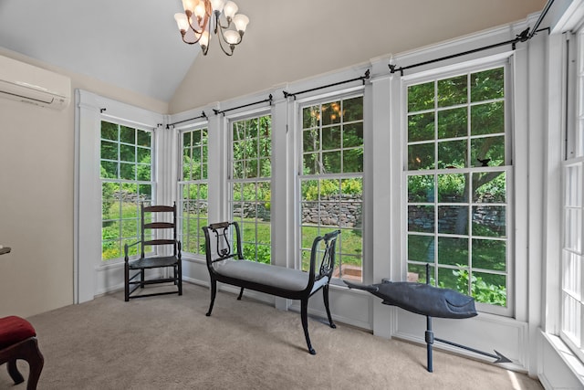 6 Landing Hill Rd, East Haddam, CT 06423 - sunroom with french doors, a wall mounted AC, vaulted ceiling, and a chandelier
