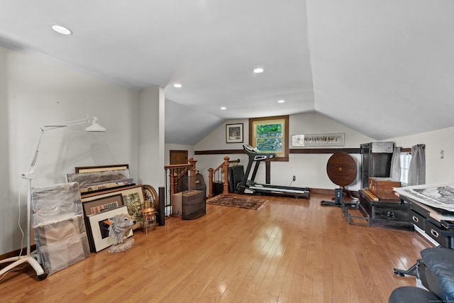 6 Landing Hill Rd, East Haddam, CT 06423 - workout area featuring wood-type flooring, vaulted ceiling, and recessed lighting