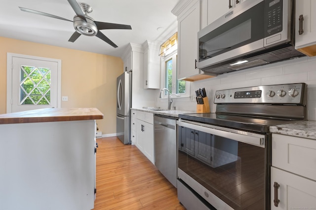 25 Parkwood Ave, Waterbury, CT 06708 - kitchen with appliances with stainless steel finishes, backsplash, white cabinets, and wooden counters