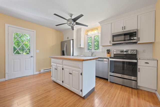 25 Parkwood Ave, Waterbury, CT 06708 - kitchen with stainless steel appliances, a ceiling fan, white cabinetry, and light wood finished floors
