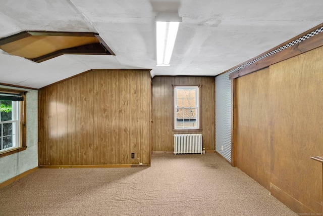 151 Mckee St, Manchester, CT 06040 - additional living space featuring radiator, carpet flooring, wood walls, and lofted ceiling