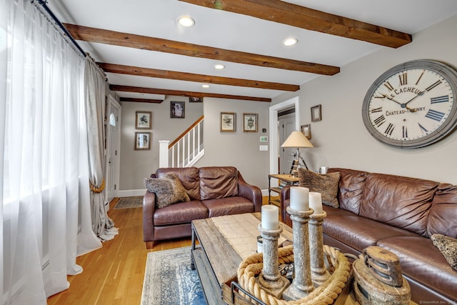 1 Freedman Dr, Norwalk, CT 06854 - living room with recessed lighting, stairs, beam ceiling, light wood-style flooring, and baseboards