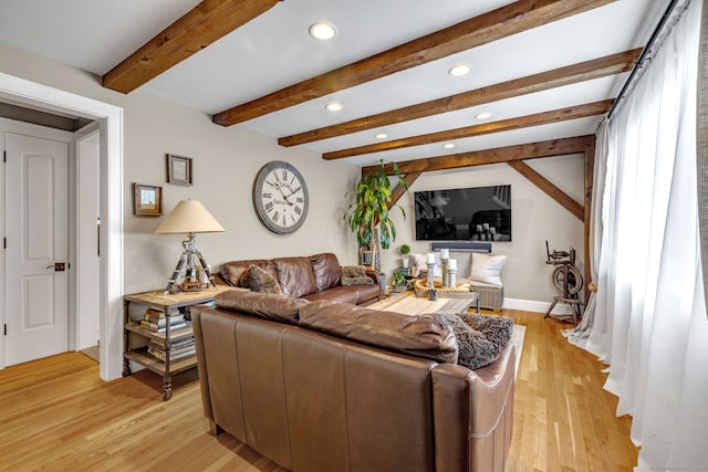 1 Freedman Dr, Norwalk, CT 06854 - living area featuring recessed lighting, beam ceiling, light wood-type flooring, and baseboards