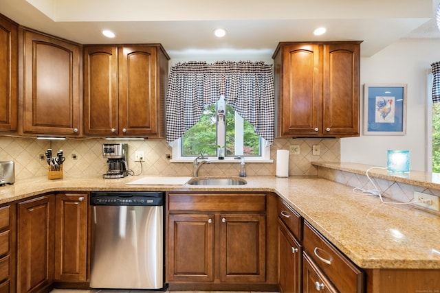 176 Prospect Hill Rd, Colchester, CT 06415 - kitchen featuring stainless steel dishwasher, light stone countertops, a sink, backsplash, and recessed lighting
