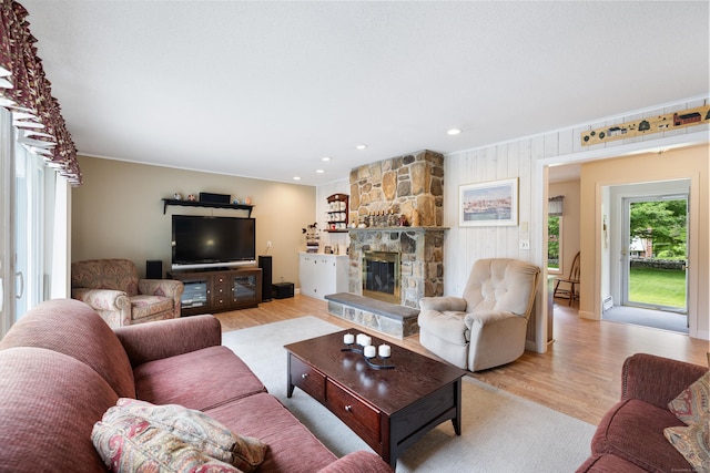 176 Prospect Hill Rd, Colchester, CT 06415 - living area featuring light wood finished floors, a fireplace, ornamental molding, and recessed lighting