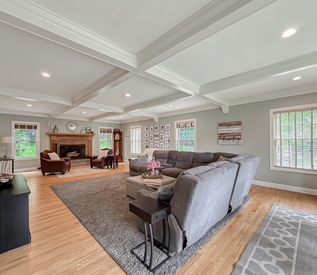 67 Melissa Ln, Prospect, CT 06712 - living room with beam ceiling, light wood-style floors, a fireplace with raised hearth, recessed lighting, and coffered ceiling