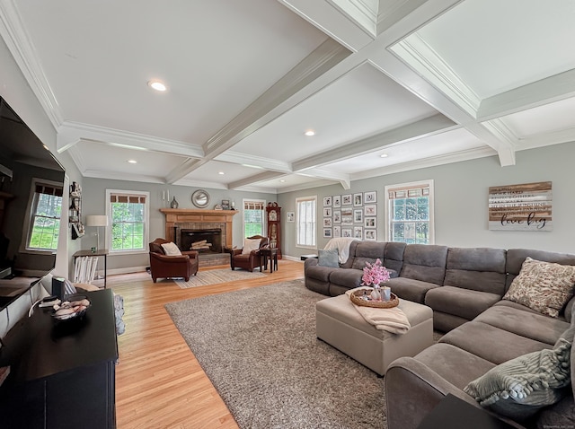 67 Melissa Ln, Prospect, CT 06712 - living area with light wood-style floors, beam ceiling, healthy amount of natural light, coffered ceiling, and ornamental molding