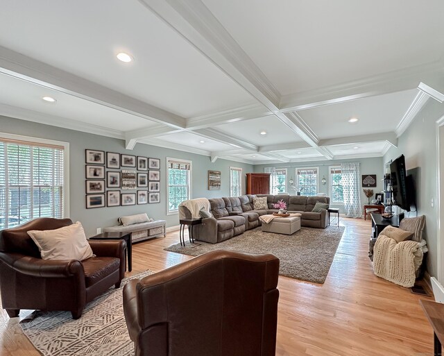 67 Melissa Ln, Prospect, CT 06712 - living room featuring beamed ceiling, recessed lighting, light wood-style floors, crown molding, and coffered ceiling
