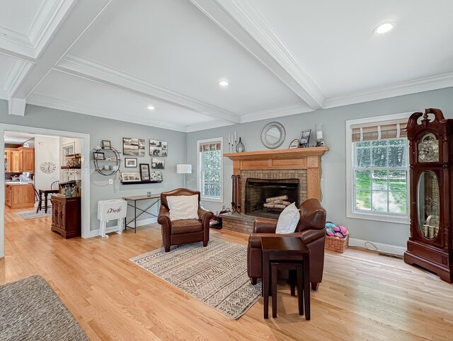 67 Melissa Ln, Prospect, CT 06712 - living area with beam ceiling, light wood-type flooring, recessed lighting, a fireplace, and ornamental molding