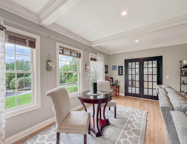 67 Melissa Ln, Prospect, CT 06712 - dining room with french doors, beamed ceiling, light wood finished floors, ornamental molding, and recessed lighting