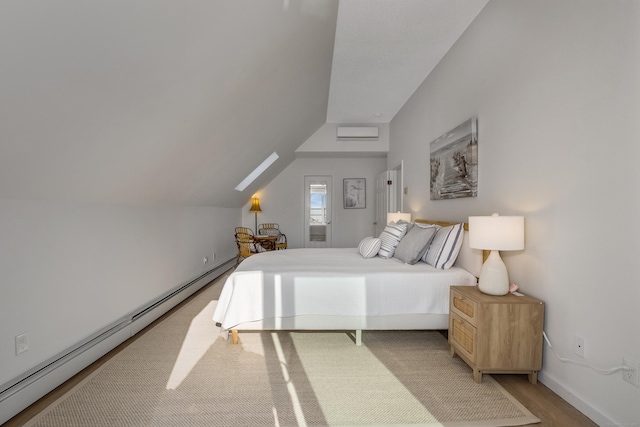 35 Soundview Ave, Old Saybrook, CT 06475 - bedroom with a baseboard radiator, lofted ceiling, baseboards, and light wood-style flooring
