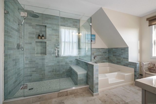 35 Soundview Ave, Old Saybrook, CT 06475 - full bath featuring a garden tub, a stall shower, and a baseboard heating unit