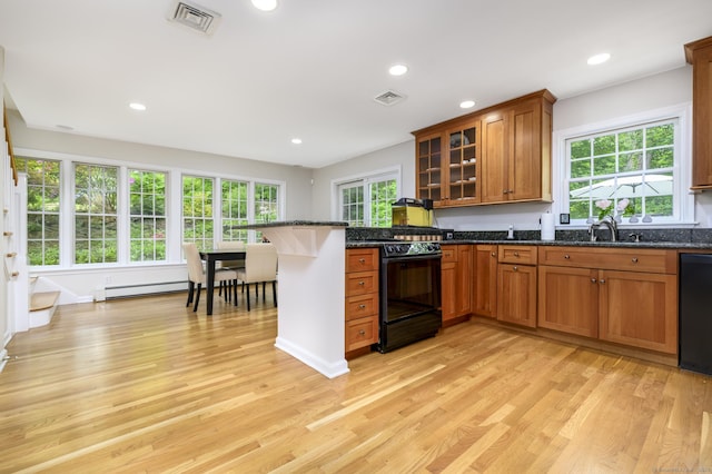 525 Bennetts Farm Rd, Ridgefield, CT 06877 - kitchen featuring black appliances, baseboard heating, a sink, brown cabinets, and light wood-style floors