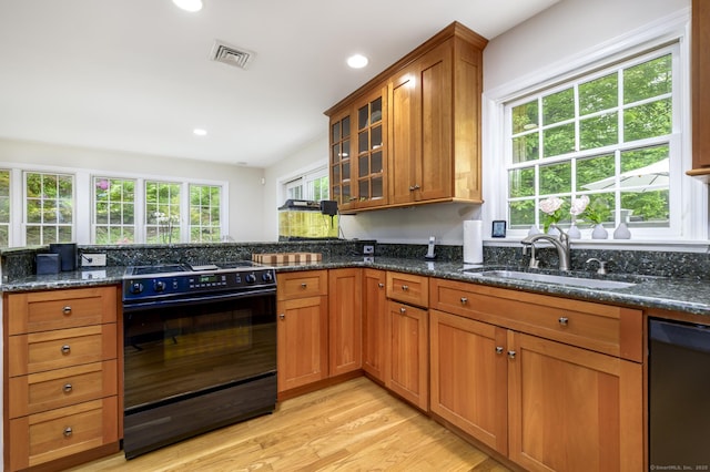 525 Bennetts Farm Rd, Ridgefield, CT 06877 - kitchen featuring black electric range oven, a sink, dishwashing machine, brown cabinets, and recessed lighting