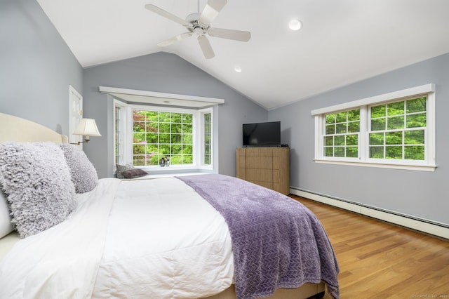 525 Bennetts Farm Rd, Ridgefield, CT 06877 - bedroom with wood finished floors, lofted ceiling, a baseboard heating unit, a ceiling fan, and recessed lighting