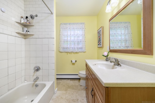 525 Bennetts Farm Rd, Ridgefield, CT 06877 - bathroom with baseboard heating, vanity, toilet, tub / shower combination, and tile patterned flooring