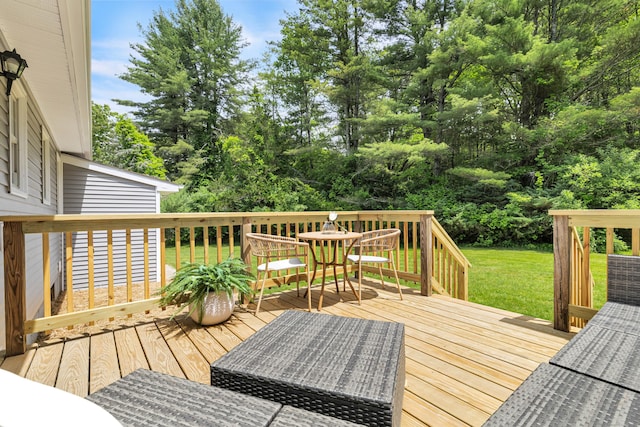 53 Pratt Rd, Plainfield, CT 06374 - wooden deck with a yard and view of wooded area