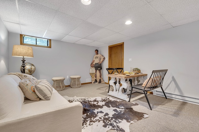53 Pratt Rd, Plainfield, CT 06374 - living area with carpet flooring, a paneled ceiling, baseboards, and baseboard heating