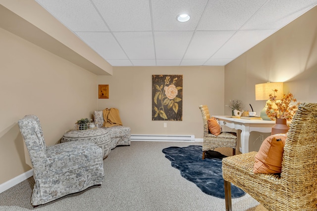 53 Pratt Rd, Plainfield, CT 06374 - living area with baseboard heating, carpet floors, a drop ceiling, baseboards, and recessed lighting