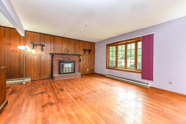 10 Meeting House Rd, Barkhamsted, CT 06063 - unfurnished living room featuring a baseboard heating unit, hardwood / wood-style floors, a fireplace, and wood walls
