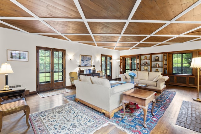 20 Cook Rd, Stamford, CT 06902 - living area featuring wood ceiling, french doors, wood-type flooring, baseboards, and coffered ceiling