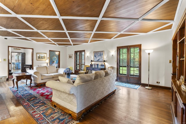 20 Cook Rd, Stamford, CT 06902 - living room featuring wooden ceiling, hardwood / wood-style floors, coffered ceiling, baseboards, and french doors