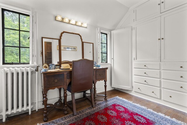 20 Cook Rd, Stamford, CT 06902 - office space with radiator heating unit, lofted ceiling, dark wood-type flooring, and plenty of natural light