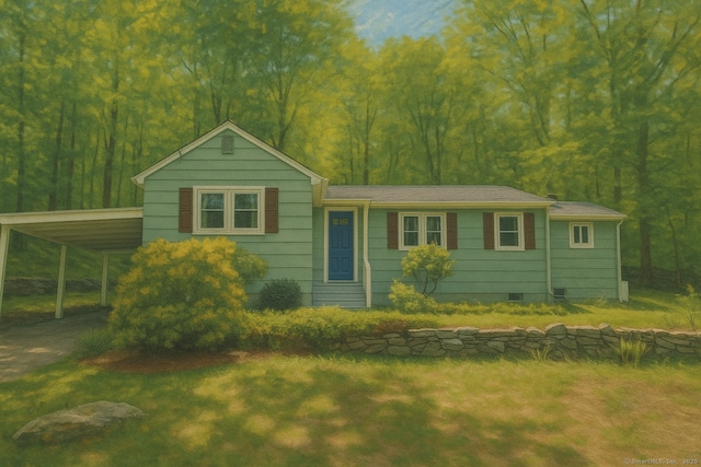 33 Caudatowa Dr, Ridgefield, CT 06877 - ranch-style house with a carport, a front yard, and a wooded view