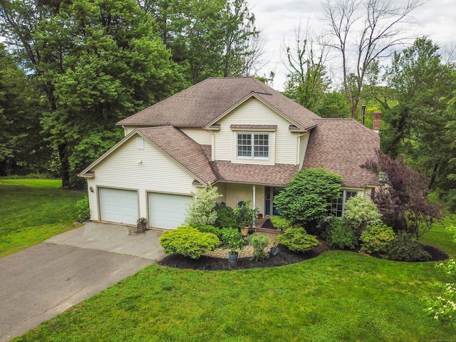 10 Heritage Way, Barkhamsted, CT 06063 - traditional home featuring driveway, a chimney, a front lawn, a garage, and a shingled roof