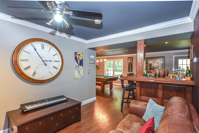 10 Heritage Way, Barkhamsted, CT 06063 - living area featuring billiards table, crown molding, ornate columns, a ceiling fan, and dark wood-style floors