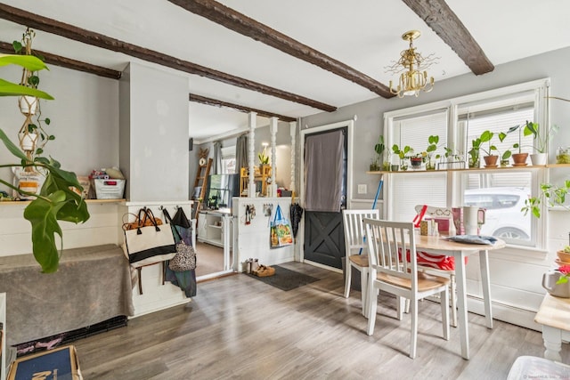 24 Maple St, Torrington, CT 06790 - dining room featuring beamed ceiling, a chandelier, and wood finished floors