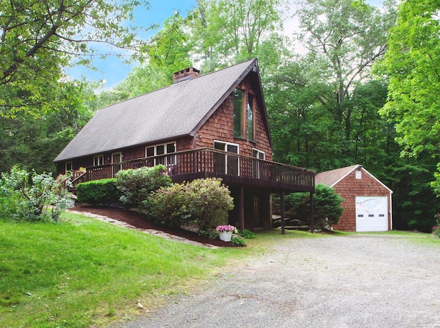 115B Torrington Ave, Canton, CT 06019 - view of side of property with a garage, an outdoor structure, gravel driveway, a chimney, and a wooden deck