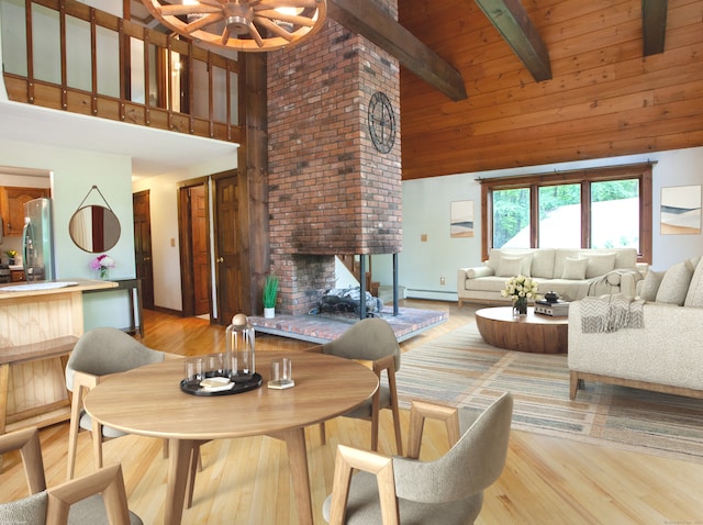 115B Torrington Ave, Canton, CT 06019 - living room with baseboard heating, high vaulted ceiling, beam ceiling, a fireplace, and light wood-style flooring