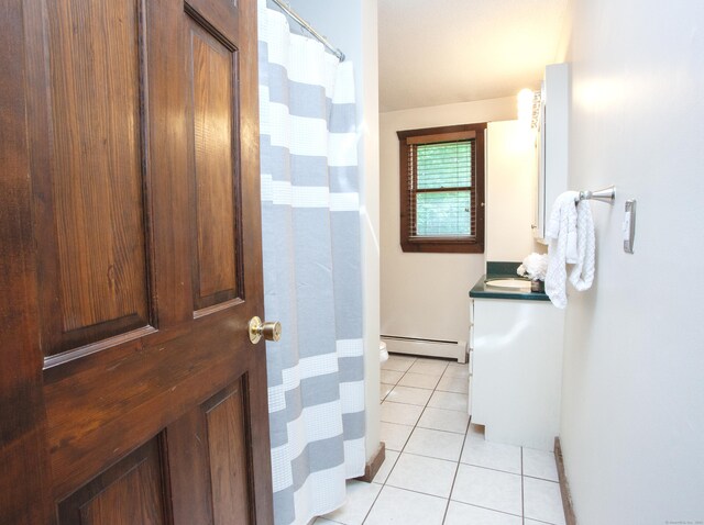 115B Torrington Ave, Canton, CT 06019 - bathroom with a baseboard radiator, tile patterned floors, vanity, toilet, and curtained shower