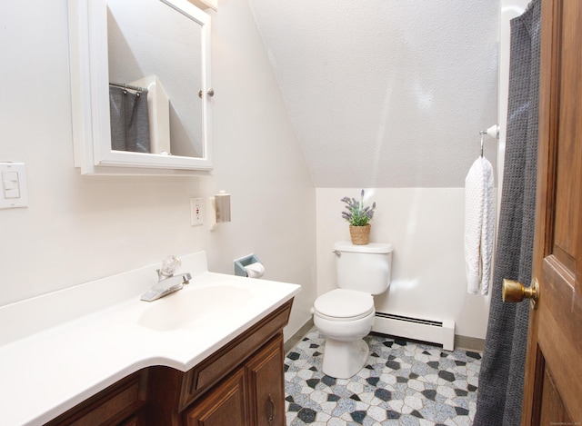 115B Torrington Ave, Canton, CT 06019 - full bath featuring a baseboard heating unit, vanity, lofted ceiling, toilet, and tile patterned floors