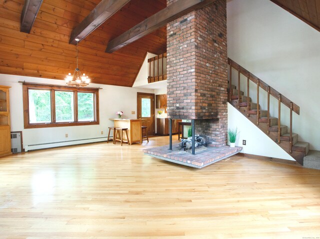 115B Torrington Ave, Canton, CT 06019 - living room with high vaulted ceiling, baseboard heating, wooden ceiling with exposed beams, stairs, and wood finished floors