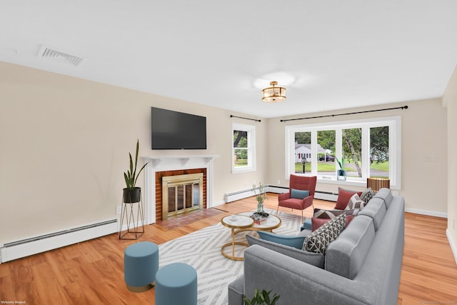 21 Enfield St, Windsor Locks, CT 06096 - living room featuring a baseboard radiator, wood finished floors, and a brick fireplace