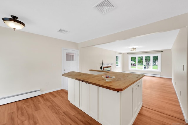 21 Enfield St, Windsor Locks, CT 06096 - kitchen featuring wooden counters, baseboard heating, white cabinetry, and light wood-type flooring