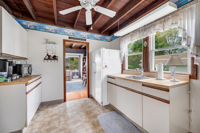 7 Meriden Ave, Westbrook, CT 06498 - kitchen featuring wood ceiling with exposed beams, a sink, white cabinets, butcher block counters, and a ceiling fan