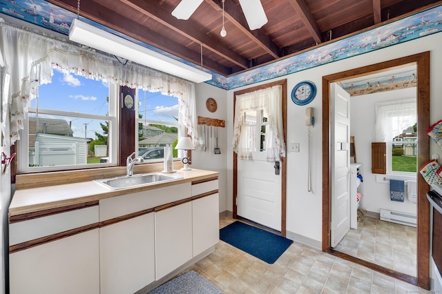 7 Meriden Ave, Westbrook, CT 06498 - miscellaneous room featuring wood ceiling with exposed beams, a sink, baseboard heating, a ceiling fan, and baseboards