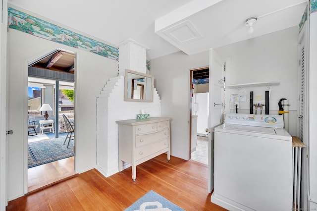 7 Meriden Ave, Westbrook, CT 06498 - laundry area with washer / clothes dryer, light wood-style flooring, and attic access
